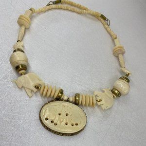 Vintage Bone & Brass Hand Carved Elephant Tribal Pendant Necklace